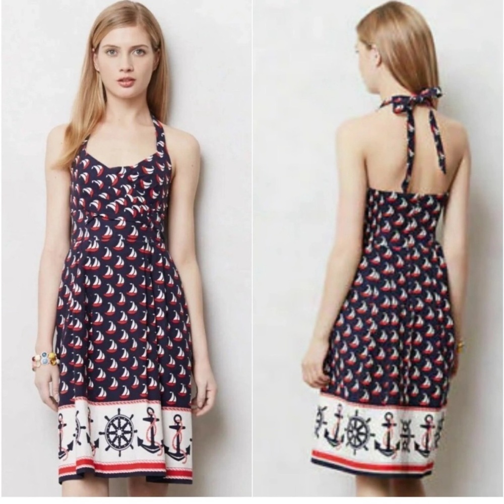 Ahoy sailor! Nautical sailboat Anthropologie Blue Halter Mini Sundress babydoll - Picture 14 of 14